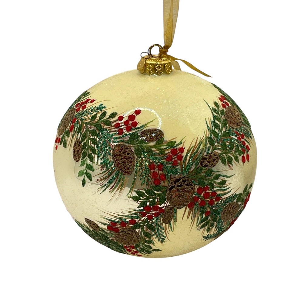 LENOX Glass Jumbo Christmas Ball Ornament Boxwood‎ & Pine MADE IN POLAND w Box